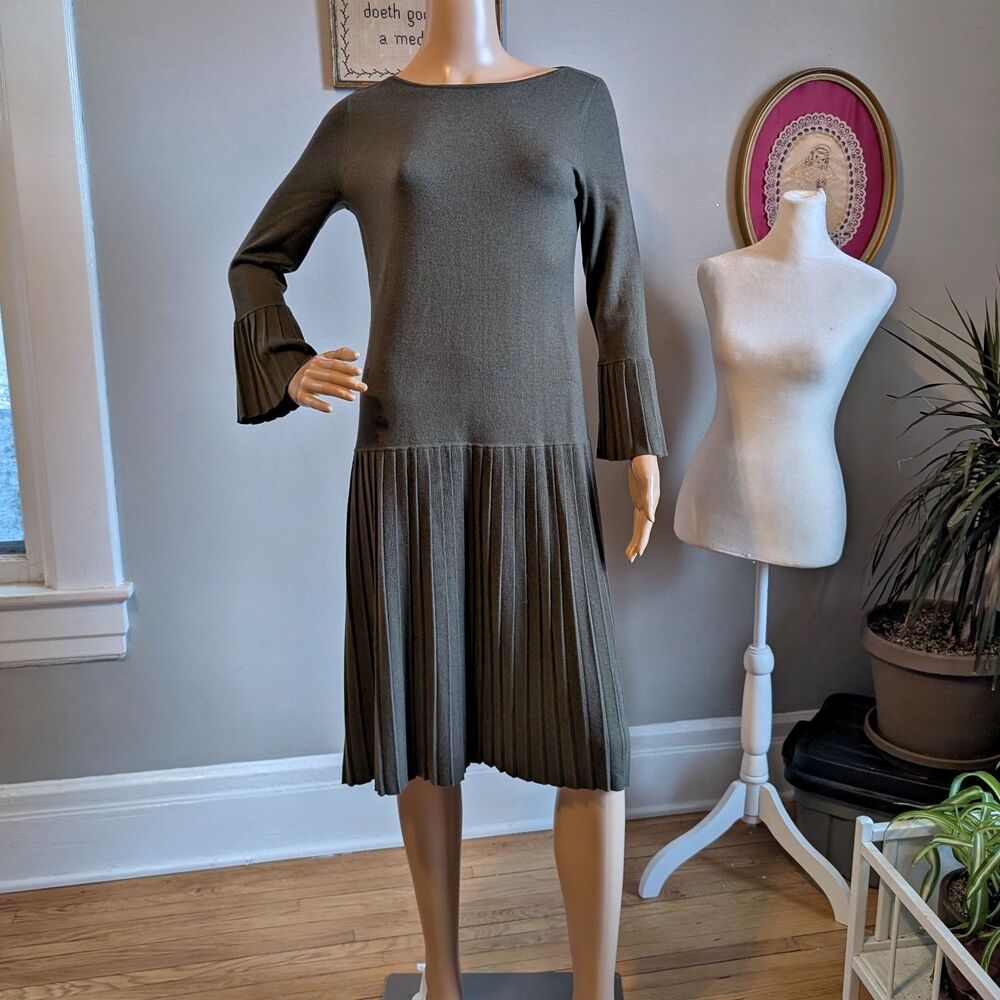 Vintage 90s Worth New York Midi Dress Green Knit Wool Sweater Drop Waist Pleated
